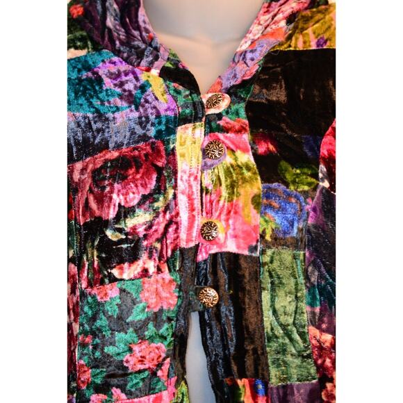 Betsey Johnson Vintage Cloak Jacket Crushed Velvet Long Patchwork Floral Hoodie - Picture 11 of 12
